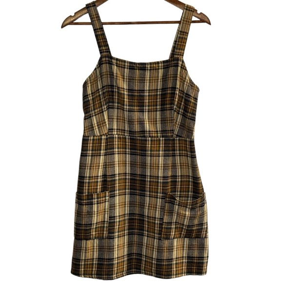 American Eagle Women's Brown Tan Plaid Jumper Dress Pockets Wide Straps Sz M - Picture 2 of 10